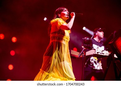 London, UK -  February 7th 2019: Chvrches ( Lauren Mayberry, Iain Cook& Martin Doherty) Performing At The London Alexandra Palace