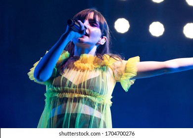 London, UK -  February 7th 2019: Chvrches ( Lauren Mayberry, Iain Cook& Martin Doherty) Performing At The London Alexandra Palace