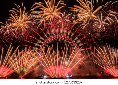 LONDON, UK Jan 1, 2019: London New Year Fireworks Show At London Eye