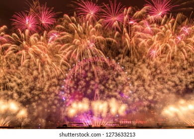 LONDON, UK Jan 1, 2019: London New Year Fireworks Show At London Eye