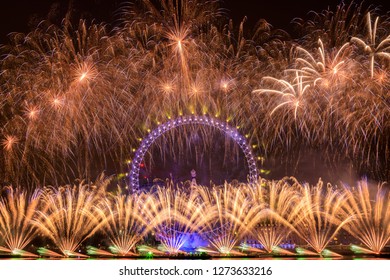 LONDON, UK Jan 1, 2019: London New Year Fireworks Show At London Eye