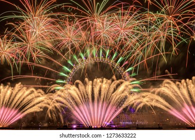 LONDON, UK Jan 1, 2019: London New Year Fireworks Show At London Eye