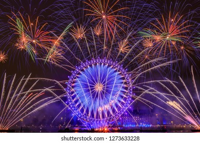 LONDON, UK Jan 1, 2019: London New Year Fireworks Show At London Eye