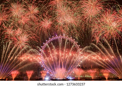 LONDON, UK Jan 1, 2019: London New Year Fireworks Show At London Eye