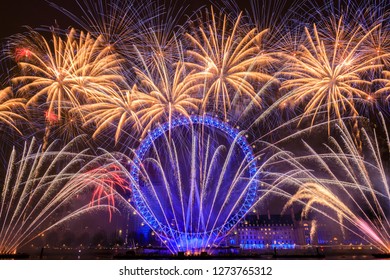 LONDON, UK Jan 1, 2019: London New Year Fireworks Show At London Eye