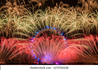 LONDON, UK Jan 1, 2019: London New Year Fireworks Show At London Eye