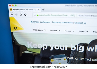 LONDON, UK - JAN 4TH 2018: The Homepage Of The Official Website For The Automobile Association, Known As The AA - The British Motoring Association Which Provides Car Insurance, Breakdown Cover Etc.