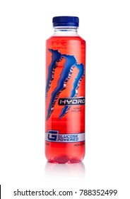 LONDON, UK - JANUARY 02, 2018: Plastic Bottle Of Monster Hydro Energy Glucose Powered Drink On White Background.