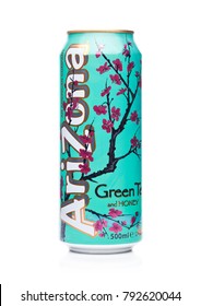 LONDON, UK - JANUARY 10, 2018: Aluminium can of Arizona Green tea soft drink on white background