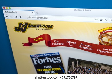 LONDON, UK - JANUARY 10TH 2018: The homepage of the official website for the J&J Snack Foods Corporation - the American manufacturer, marketer and distributor of branded snack foods and beverages.