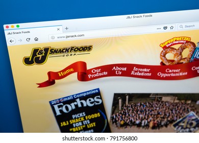 LONDON, UK - JANUARY 10TH 2018: The homepage of the official website for the J&J Snack Foods Corporation - the American manufacturer, marketer and distributor of branded snack foods and beverages.