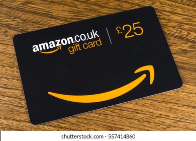 LONDON, UK - JANUARY 13TH 2017: A close-up shot of a 25 Pounds Amazon Gift Card on a table, on 13th January 2017.