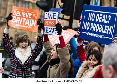 LONDON, UK - JANUARY 15, 2019: Brexit suporters, brexiteers, in central London holding banners campaigning to leave the European Union.