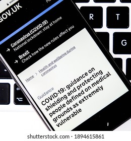 London UK, January 15 2021, Mobile Phone Or Smartphone Screenshot NHS Guidance On Shielding Covid-19 Vulnerable People