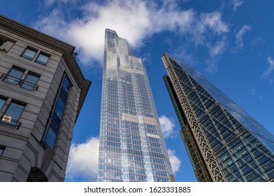 London, UK - January 19, 2020: 22 Bishopsgate Building, The Pinnacle, And The Leadenhall Building, In The City Of London. Vertigo Take From Below