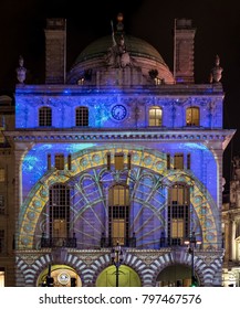 London UK, January 2018. Work By Camille Gross And Leslie Epsztein Entitled Voyage Projected Onto The Hotel Café Royal Building. Viewed From Piccadilly Circus.