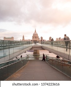 London, Uk, January 2019. Millenium Bridge With The Dome Of St. Paul Cathedral In The Background At Sunset Time