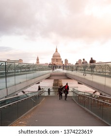 London, Uk, January 2019. Millenium Bridge With The Dome Of St. Paul Cathedral In The Background At Sunset Time