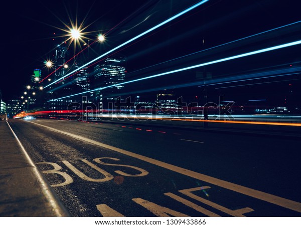 London, UK - January 2019: London traffic lights\
night view