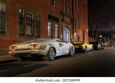 London, UK - January 2020: Lamborghini Past And Present Picture. We Can See Two Legends Like A Countach And A Miura Face To Face To A Lamborghini Aventador SV.