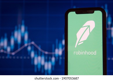 LONDON, UK - January 2021: Robinhood financial investing app on a mobile device