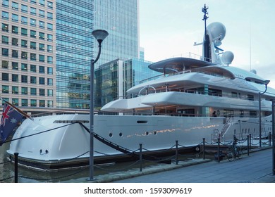 LONDON, UK - JANUARY 21, 2017: SuperYacht Ilona Belonging To Frank Lowy Moored In West India Dock In Canary Wharf, City Of London.