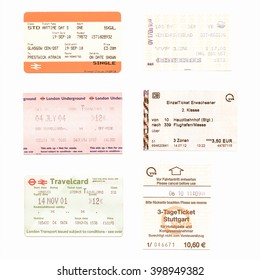 London, UK - January 23, 2014: Illustrative editorial British and German public transport tickets for train bus and subway vintage