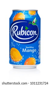 LONDON, UK - JANUARY 24, 2018: Aluminium Can Of Rubicon Sparkling Soda Drink With Mango On White Background