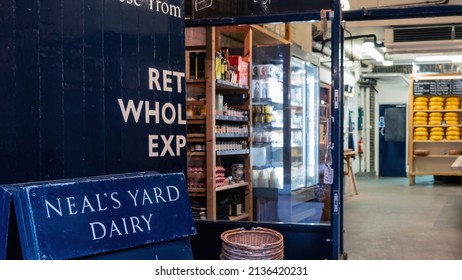 LONDON, UK - JANUARY 24, 2020:  Exterior View Of Neal's Yard Dairy, An Artisan Cheesemaker And Cheese Shop In Borough Market With Sign