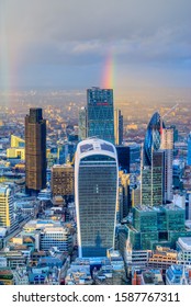 LONDON, UK - JANUARY 25, 2017: City Of London Panorama, Office And Banking District Arial View, With Rainbow