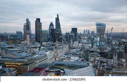 LONDON, UK - JANUARY 27, 2015: City of London, business and banking aria. London's panorama in sun set. View from the St. Paul cathedral

