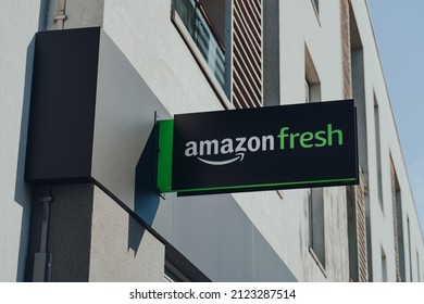 London, UK - January 30, 2022: Sign Outside Amazon Fresh Store On Chalk Farm Road In Camden, London. Camden, Is The Fifth Store To Open In The City Since March 2021.