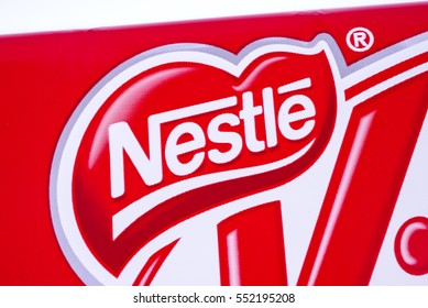 LONDON, UK - JANUARY 4TH 2017: A Close-up Of The Nestle Logo On One Of Their Confectionery Products, Pictured Over A Plain White Background On 4th January 2017.