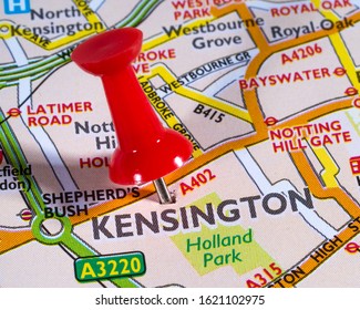London, UK - January 8th 2020: The location of Kensington on a map of the UK. Kensington is a district in the West End of central London and is part of the London Borough of Kensington and Chelsea.