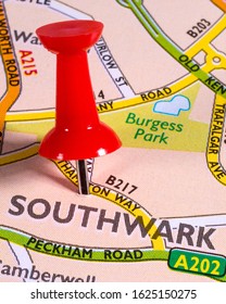 London, UK - January 8th 2020: The location of Southwark pinned on a map of the United Kingdom.  Southwark is a district of central London. 