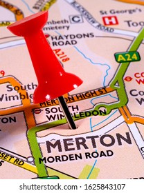 London, UK - January 8th 2020: The location of Merton pinned on a map of the United Kingdom.  Merton is an area in South-West London.