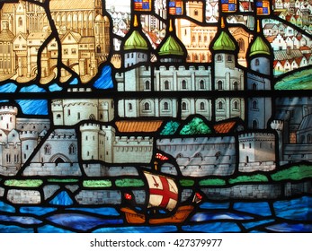 London, UK, January 9 2010 - Image Of A Tudor Galleon Sailing Past The Tower Of London On A Stained Glass Window At The Early Medieval Church Of All Hallows By The Tower