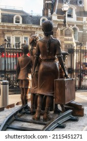 LONDON, UK - JULY 08, 2018:  The Kindertransport Statue Memorial By  Frank Meisler At Liverpool Street Station