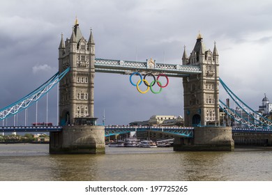 London, UK - July 1: The Famous Tower Bridge In London, Decorated For The 2012 Summer Olympics On July 1, 2012.