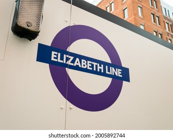 London, UK, July 10th 2021: Near Bond Street, an information hoarding. A new railway under construction by Crossrail. Building a new rail line for London East to West, The Elizabeth Line. Travel.