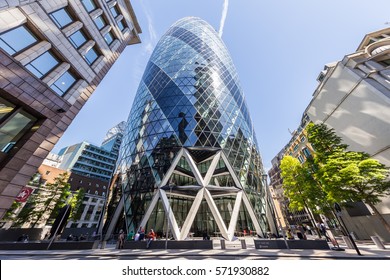 London, UK - July 14, 2016 - gherkin skyscraper in the City of London