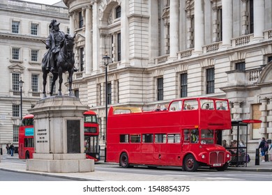London, UK, July 14, 2019. Iconic red double-decker bus