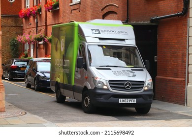 LONDON, UK - JULY 15, 2019: Ocado Grocery Delivery Mercedes Sprinter Van In London, UK. Ocado Is A British Online-only Supermarket.