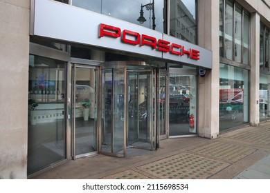 LONDON, UK - JULY 15, 2019: Porsche Expensive Car Dealership In Mayfair District, London. Porsche Brand Is Part Of Volkswagen AG.