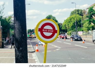 London, UK - July 16, 2019: Temporary Bus Stop Sign On A Street In London