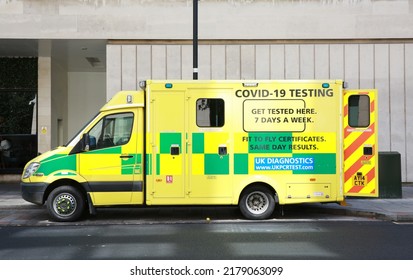 London  UK - July 16, 2022: An NHS Ambulance Offering Covid-19 Tests At The Roadside 