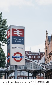 London, UK - July 18, 2019: Sign Out Marylebone Station In London. The Station Was Opened In 1899 For Great Central Main Line, The Last Major Railway To Open In Britain In Over 100 Years.