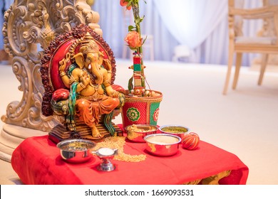 London, UK - July 2, 2018: A Ganesha Elephant Statue Stands At The Front Of The Altar For An Indian Wedding