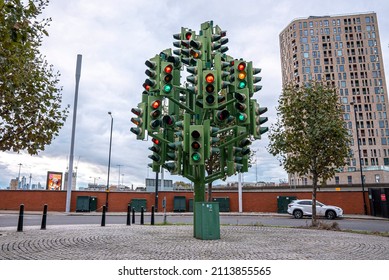 London, UK. July 20, 2021. A Confusing Traffic Light System With Multiple Signal Heads