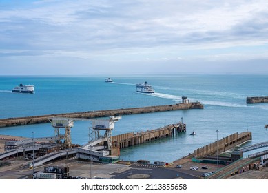 London, UK. July 20, 2021. Ferry Entering Port Of Dover Terminal. Lorries And Cars Waiting For Channel Crossing